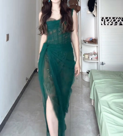 Enticing Green Prom Dress Idea Lace Slit One Shoulder Long Dress Sequins Sheath Formal Dress AP6636