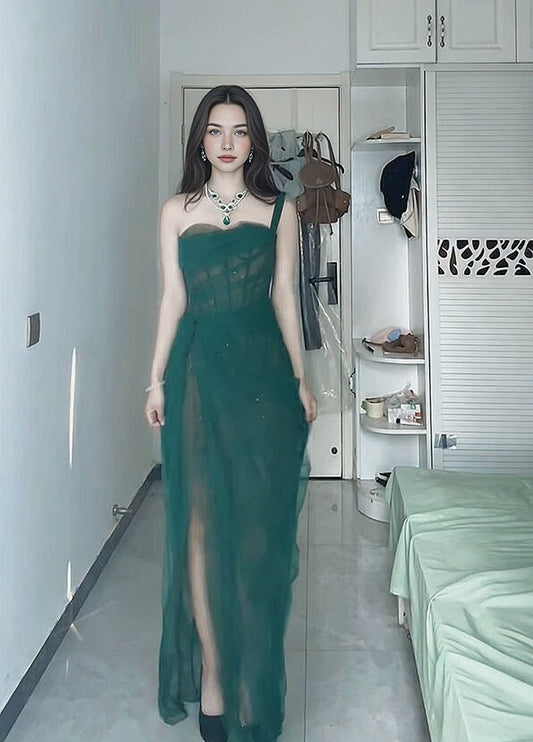Enticing Green Prom Dress Idea Lace Slit One Shoulder Long Dress Sequins Sheath Formal Dress AP6636