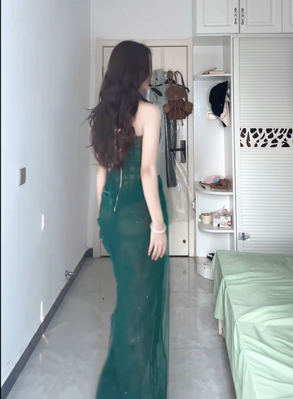 Enticing Green Prom Dress Idea Lace Slit One Shoulder Long Dress Sequins Sheath Formal Dress AP6636
