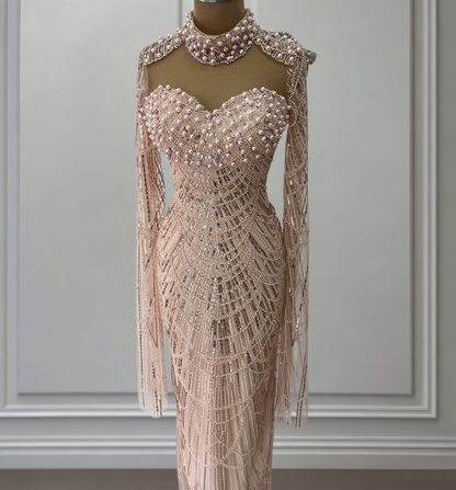 Shiny Pink Prom Dress Inspiration Beading Sequins Formal Dress Long Sleeve Evening Dresses AP6637