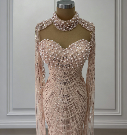 Shiny Pink Prom Dress Inspiration Beading Sequins Formal Dress Long Sleeve Evening Dresses AP6637