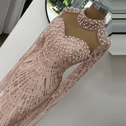 Shiny Pink Prom Dress Inspiration Beading Sequins Formal Dress Long Sleeve Evening Dresses AP6637