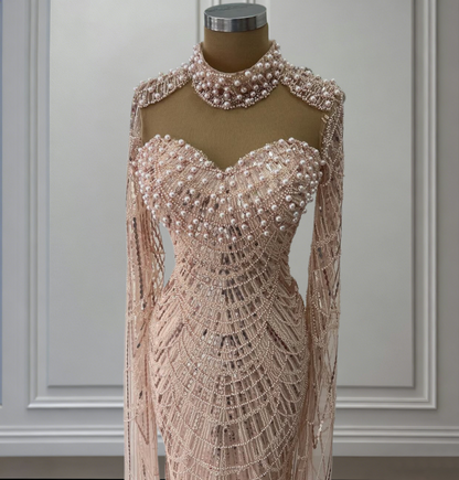 Shiny Pink Prom Dress Inspiration Beading Sequins Formal Dress Long Sleeve Evening Dresses AP6637