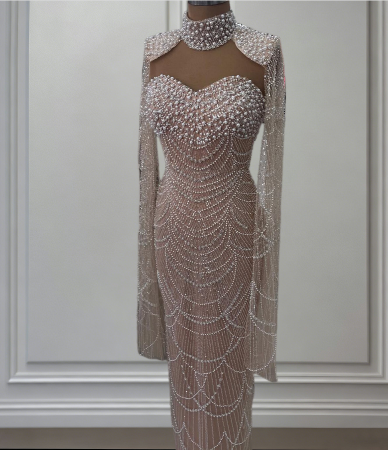 Avant-Garde High Collar Prom Dress Pink Long Sleeve Sheath Evening Dresses Beading Sequins Formal Dress AP6638