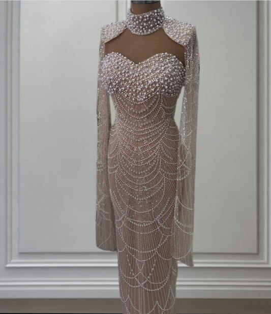 Avant-Garde High Collar Prom Dress Pink Long Sleeve Sheath Evening Dresses Beading Sequins Formal Dress AP6638
