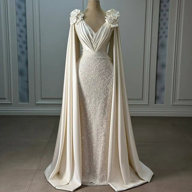 Eye-Catching V Neck Wedding Dress Sequins Appliques Proposal Ideas Sheath Long Sleeve Bridal Dress AP6639