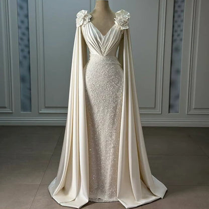 Eye-Catching V Neck Wedding Dress Sequins Appliques Proposal Ideas Sheath Long Sleeve Bridal Dress AP6639
