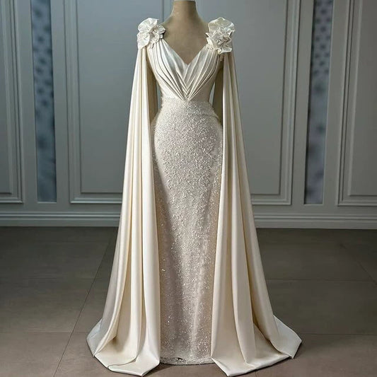 Eye-Catching V Neck Wedding Dress Sequins Appliques Proposal Ideas Sheath Long Sleeve Bridal Dress AP6639