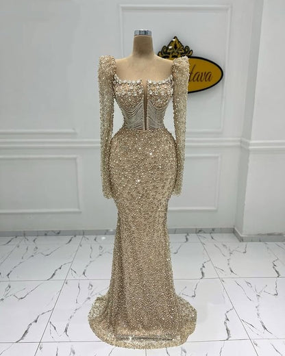 Fresh Square Neck Prom Dress Long Sleeve Mermaid Evening Dress Sequins Beaded Long Dress AP6640