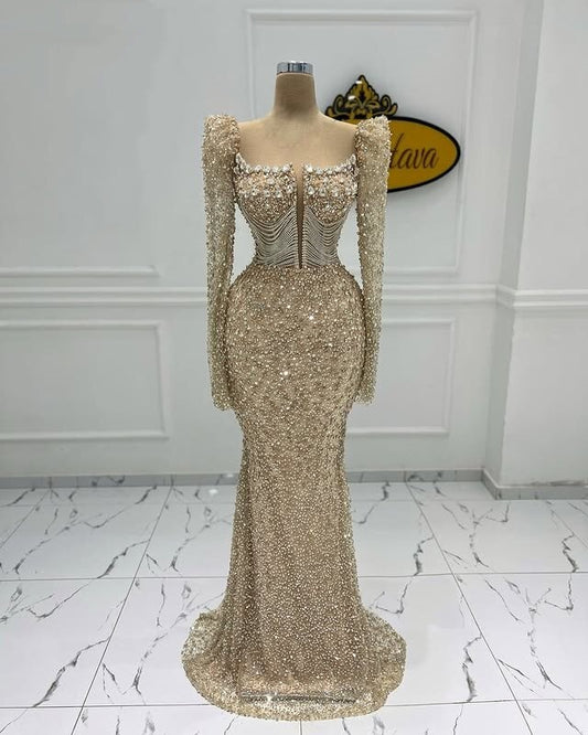 Fresh Square Neck Prom Dress Long Sleeve Mermaid Evening Dress Sequins Beaded Long Dress AP6640