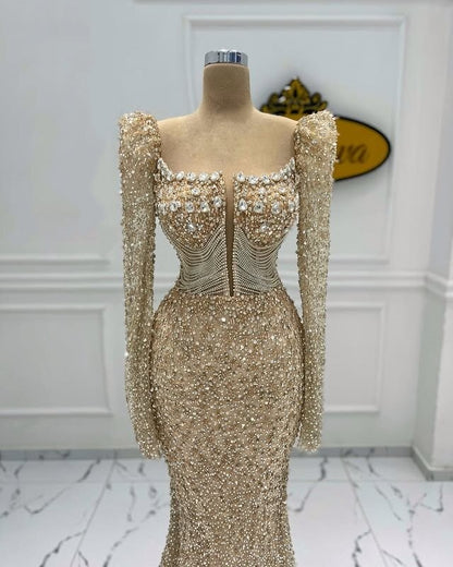 Fresh Square Neck Prom Dress Long Sleeve Mermaid Evening Dress Sequins Beaded Long Dress AP6640