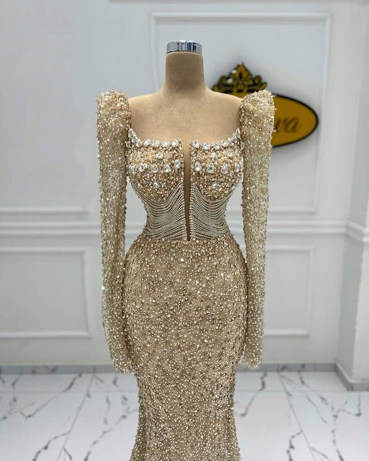 Fresh Square Neck Prom Dress Long Sleeve Mermaid Evening Dress Sequins Beaded Long Dress AP6640