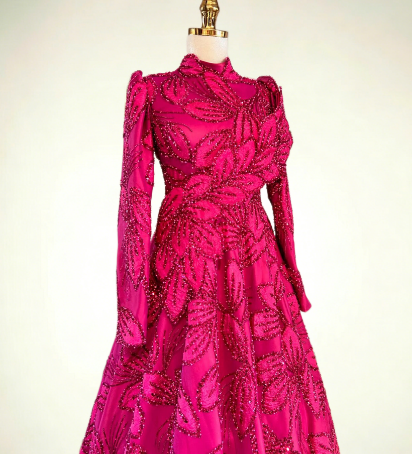 Voluminous Hot Pink Prom Dress A-Line Long Sleeve High Collar Evening Outfit Appliques Sequins Formal Dress AP6641