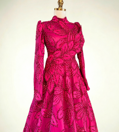 Voluminous Hot Pink Prom Dress A-Line Long Sleeve High Collar Evening Outfit Appliques Sequins Formal Dress AP6641