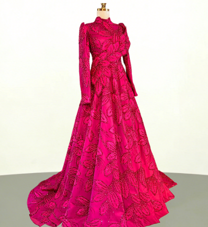 Voluminous Hot Pink Prom Dress A-Line Long Sleeve High Collar Evening Outfit Appliques Sequins Formal Dress AP6641