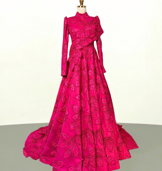 Voluminous Hot Pink Prom Dress A-Line Long Sleeve High Collar Evening Outfit Appliques Sequins Formal Dress AP6641