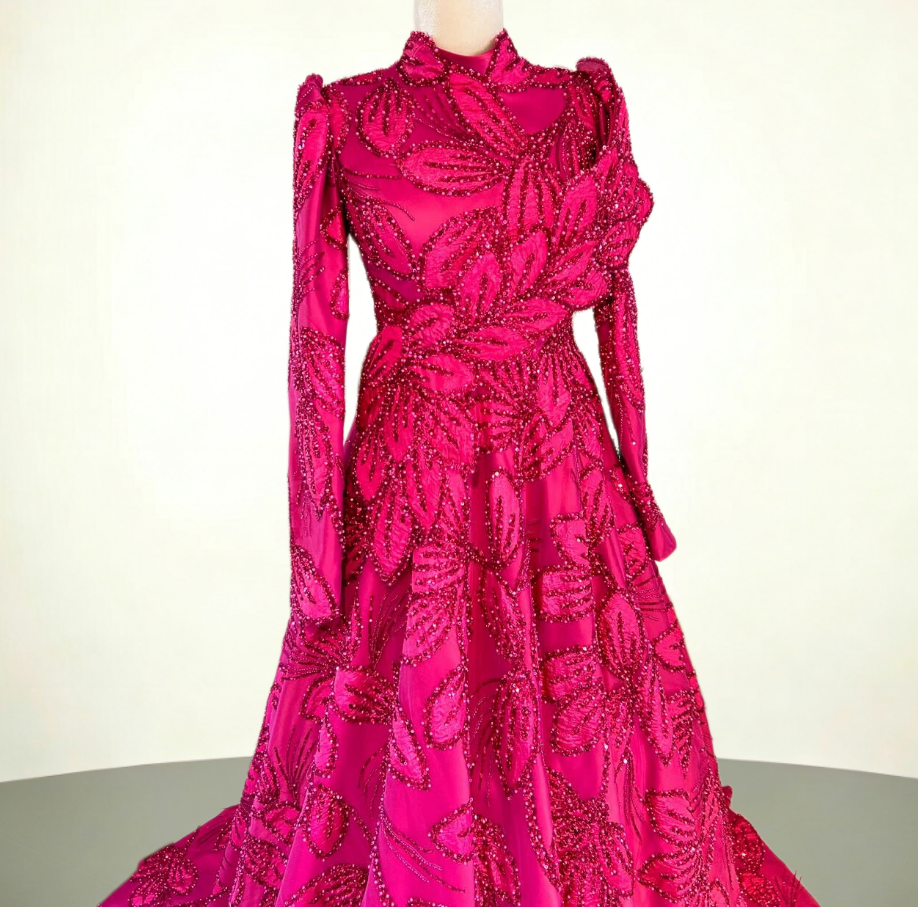 Voluminous Hot Pink Prom Dress A-Line Long Sleeve High Collar Evening Outfit Appliques Sequins Formal Dress AP6641