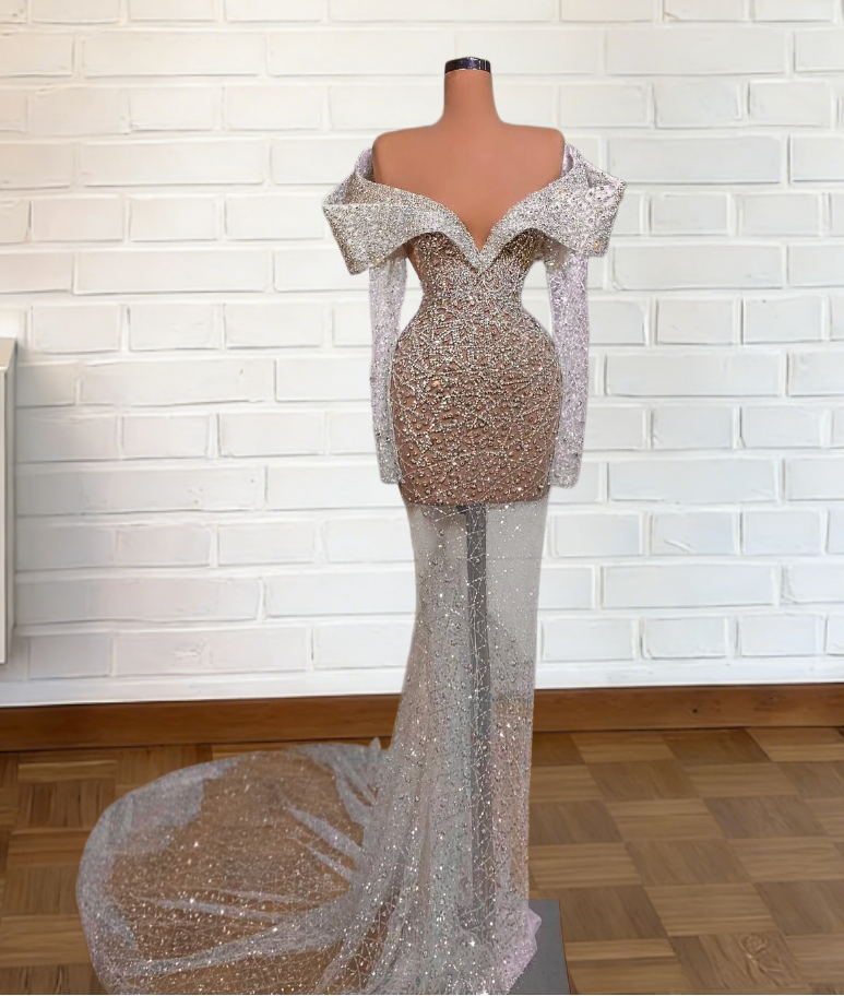 Sleek Off-Shoulder White Prom Dress Long Sleeve Sheath Evening Outfits Beaded Formal Dress AP6642