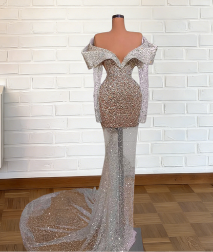 Sleek Off-Shoulder White Prom Dress Long Sleeve Sheath Evening Outfits Beaded Formal Dress AP6642