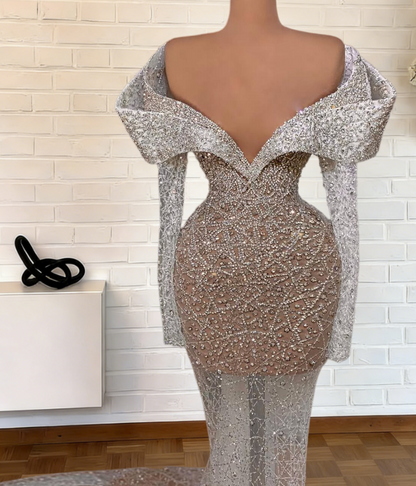Sleek Off-Shoulder White Prom Dress Long Sleeve Sheath Evening Outfits Beaded Formal Dress AP6642