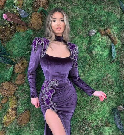 Dainty High Slit Purple Prom Dress Long Sleeve Square Neck Evening Wear Appliques Sheath Formal Dress AP6643