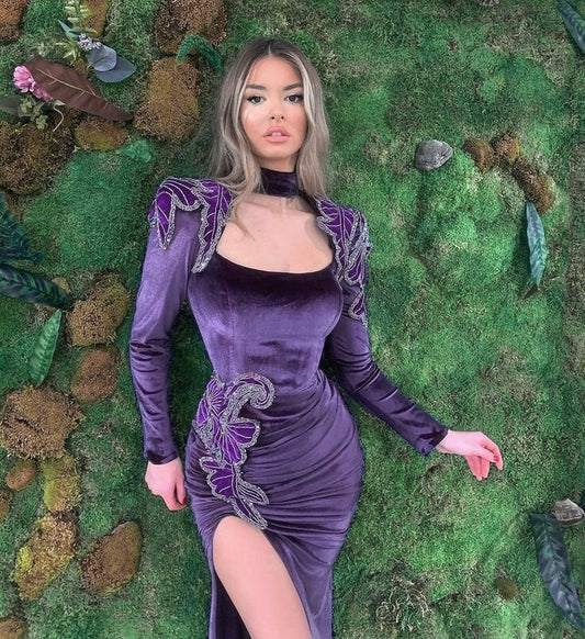 Dainty High Slit Purple Prom Dress Long Sleeve Square Neck Evening Wear Appliques Sheath Formal Dress AP6643