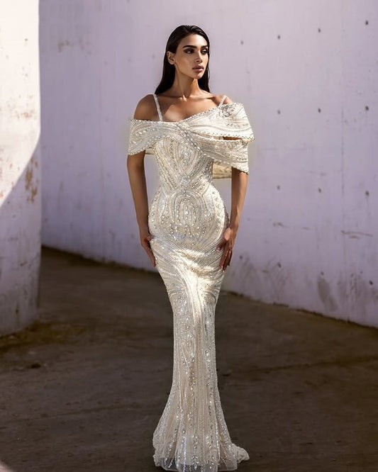Lustrous Off-the-Shoulder Prom Dress Beaded Long Mermaid Evening Dress AP6645