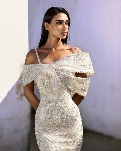 Lustrous Off-the-Shoulder Prom Dress Beaded Long Mermaid Evening Dress AP6645