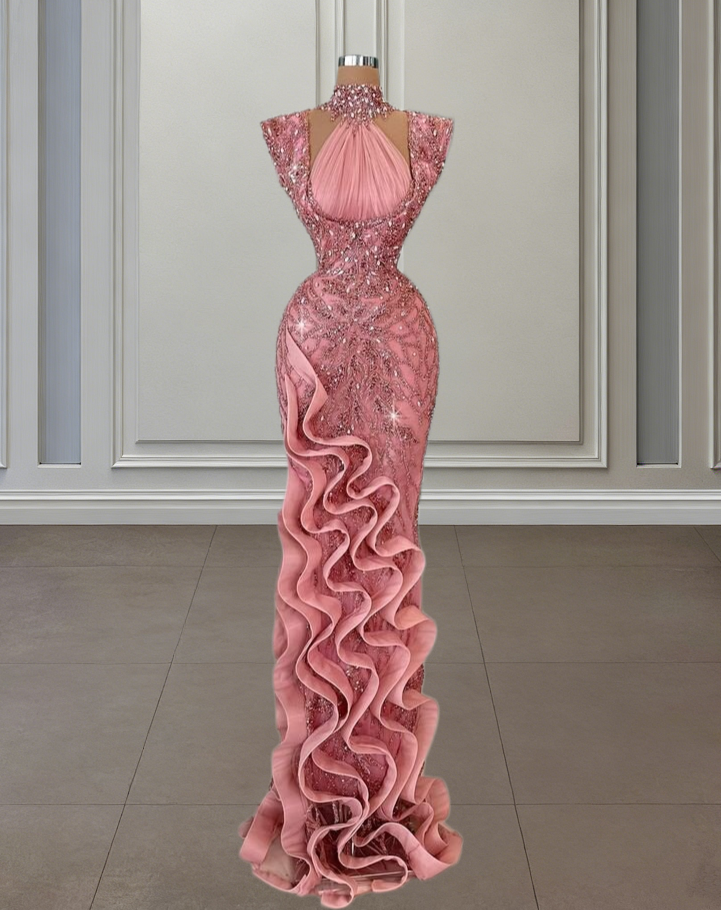 Classy Halter Neck Pink Prom Dress Idea Long Sheath Formal Wear Beaded Ruffled Evening Dress AP6646
