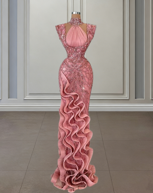 Classy Halter Neck Pink Prom Dress Idea Long Sheath Formal Wear Beaded Ruffled Evening Dress AP6646