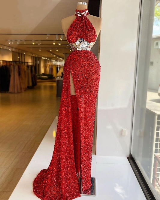 Modest Halter Neck Red Prom Dress Long Sheath Formal Wear High Slit Sequins Evening Dress AP6647