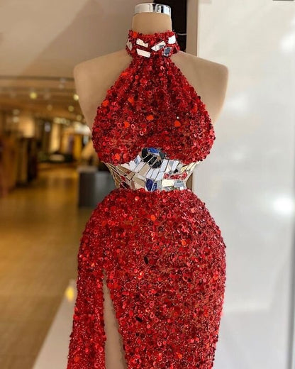 Modest Halter Neck Red Prom Dress Long Sheath Formal Wear High Slit Sequins Evening Dress AP6647