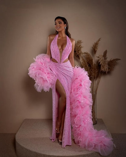 Showstopping Pink Prom Dress Long Sheath Formal Wear Halter Neck Sequins Evening Dress AP6648