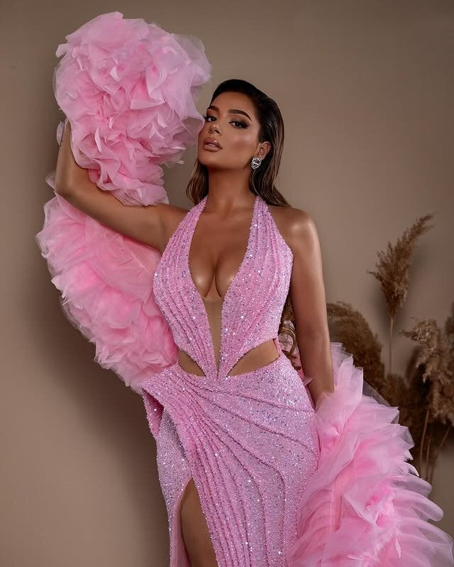 Showstopping Pink Prom Dress Long Sheath Formal Wear Halter Neck Sequins Evening Dress AP6648
