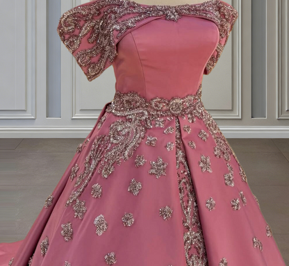 Whimsical Pink Prom Dress Off-Shoulder A-Line Formal Wear Sequins Long Evening Dresses AP6649