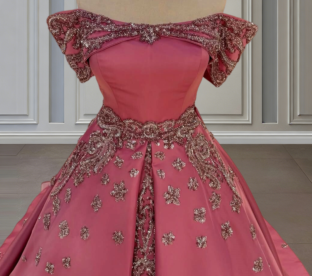 Whimsical Pink Prom Dress Off-Shoulder A-Line Formal Wear Sequins Long Evening Dresses AP6649