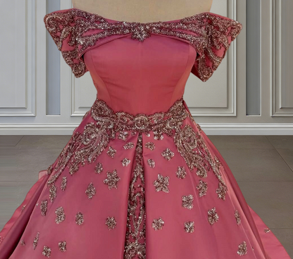 Whimsical Pink Prom Dress Off-Shoulder A-Line Formal Wear Sequins Long Evening Dresses AP6649