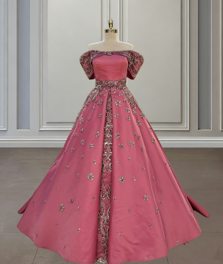 Whimsical Pink Prom Dress Off-Shoulder A-Line Formal Wear Sequins Long Evening Dresses AP6649