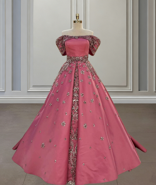 Whimsical Pink Prom Dress Off-Shoulder A-Line Formal Wear Sequins Long Evening Dresses AP6649