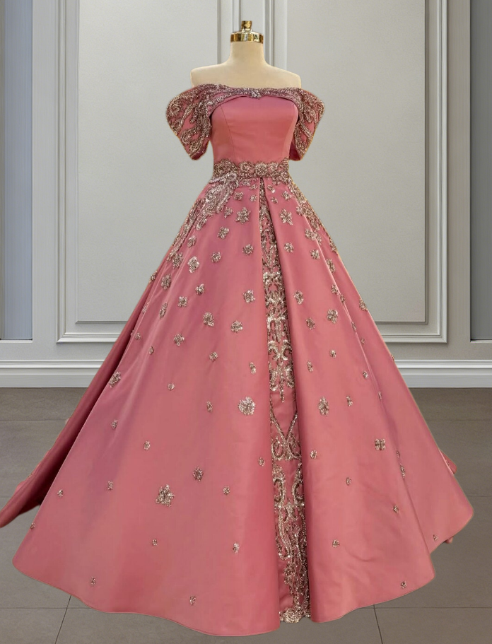 Whimsical Pink Prom Dress Off-Shoulder A-Line Formal Wear Sequins Long Evening Dresses AP6649