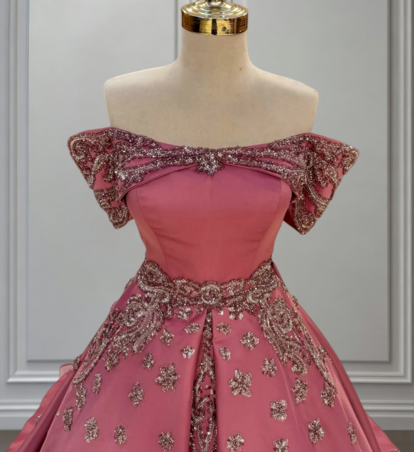 Whimsical Pink Prom Dress Off-Shoulder A-Line Formal Wear Sequins Long Evening Dresses AP6649