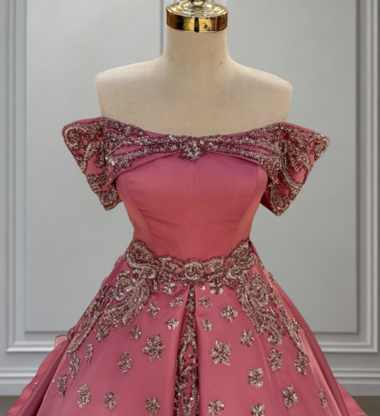 Whimsical Pink Prom Dress Off-Shoulder A-Line Formal Wear Sequins Long Evening Dresses AP6649