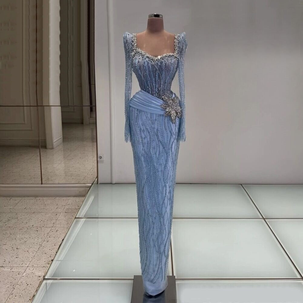 Standout Sheath Blue Prom Dress Long Sleeve Sweetheart Neck Evening Outfits Beaded Sequins Formal Dress AP6650