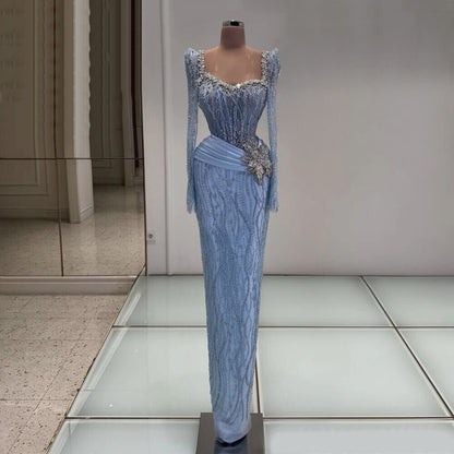 Standout Sheath Blue Prom Dress Long Sleeve Sweetheart Neck Evening Outfits Beaded Sequins Formal Dress AP6650
