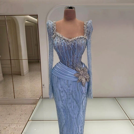 Standout Sheath Blue Prom Dress Long Sleeve Sweetheart Neck Evening Outfits Beaded Sequins Formal Dress AP6650