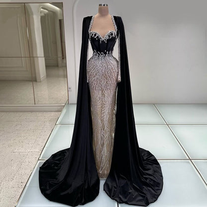 Ornate Sheath Black Prom Dress Long Sleeve Sweetheart Neck Evening Outfits Crystals Sequins Formal Dress AP6652