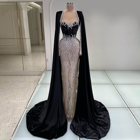 Ornate Sheath Black Prom Dress Long Sleeve Sweetheart Neck Evening Outfits Crystals Sequins Formal Dress AP6652