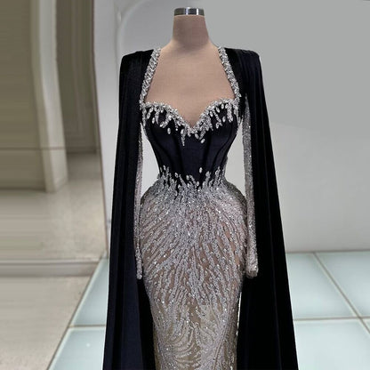 Ornate Sheath Black Prom Dress Long Sleeve Sweetheart Neck Evening Outfits Crystals Sequins Formal Dress AP6652