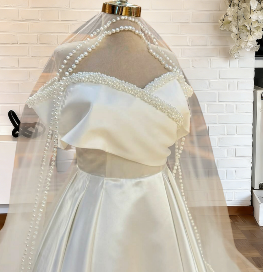Chic Off-Shoulder Wedding Dress Ideas A-Line Pearls Bridal Gown AP6654