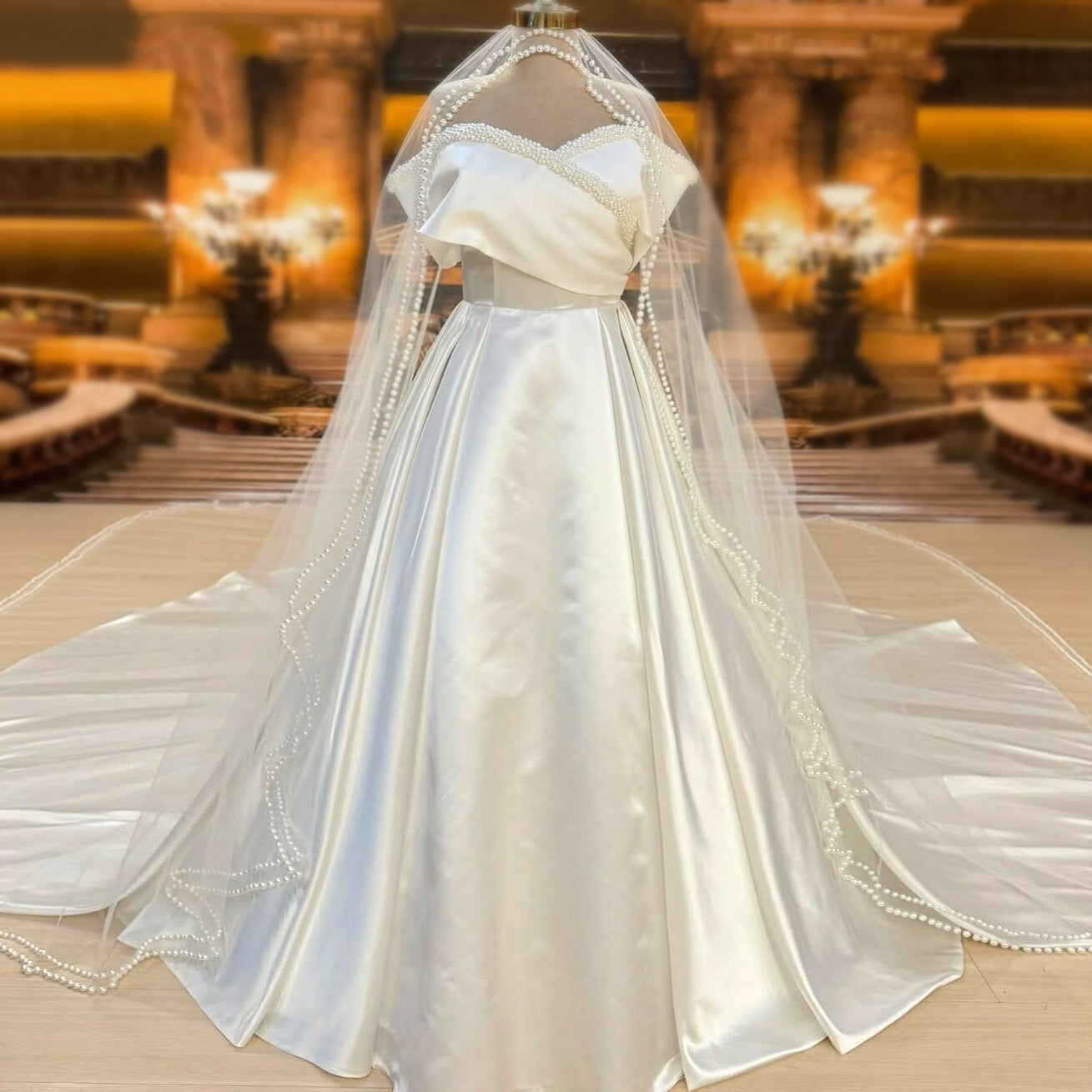 Chic Off-Shoulder Wedding Dress Ideas A-Line Pearls Bridal Gown AP6654